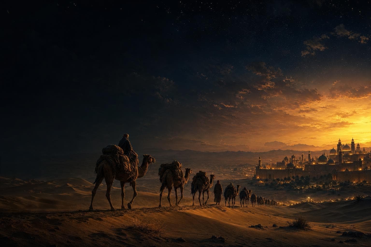 A camel caravan crossing the dunes at dusk